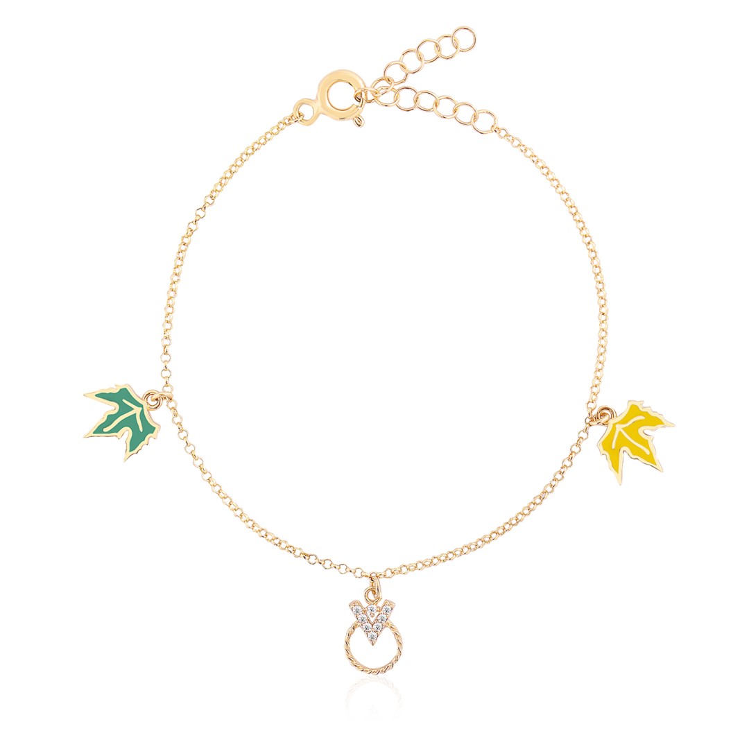 14 Ayar Sarı Altın Renkli Yaprak Figürlü V Harfli Sallantılı Taşlı Bileklik