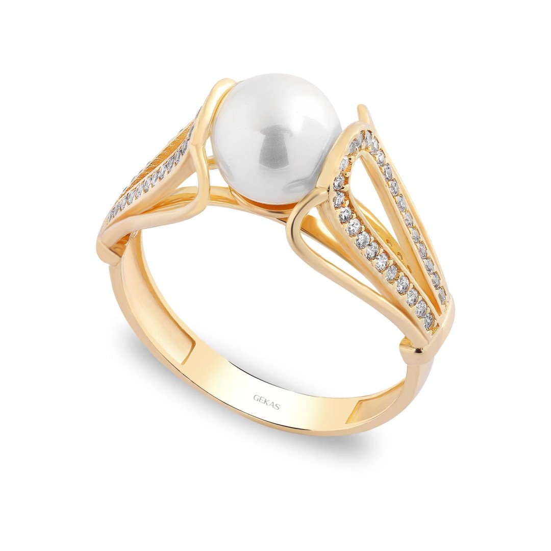 14 Ayar Sarı Altın İnci Taşlı Yüzük